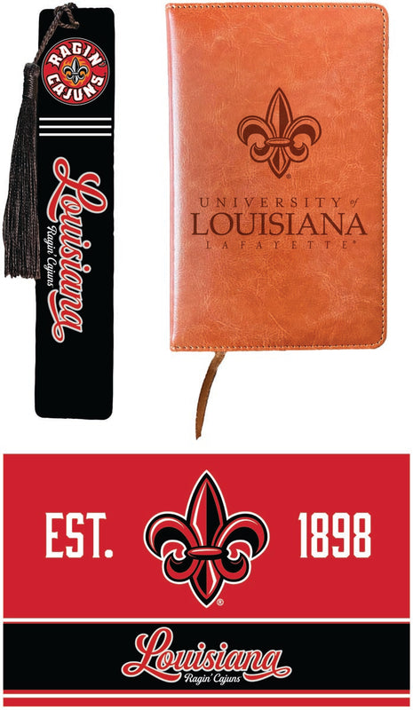 Louisiana at Lafayette Ragin' Cajuns Officially Licensed Reader Pack - Wooden Bookmark, Engraved Leather Journal & 5x7 Wood Sign 