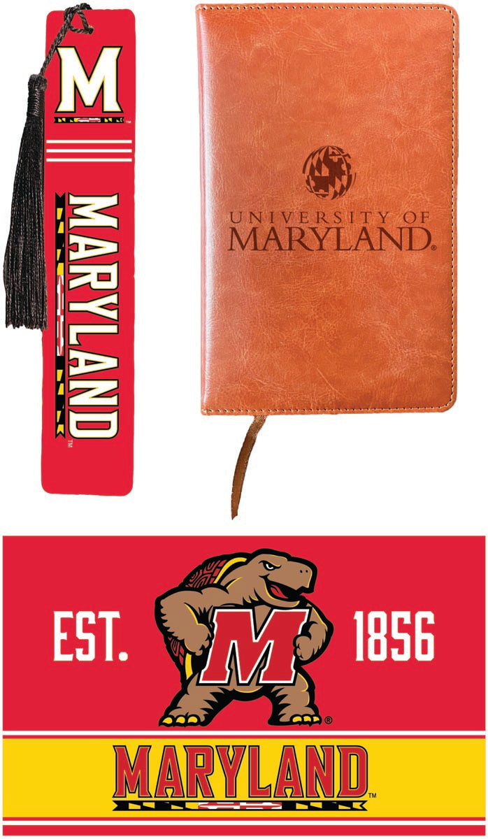 Maryland Terrapins Officially Licensed Reader Pack - Wooden Bookmark, Engraved Leather Journal & 5x7 Wood Sign 