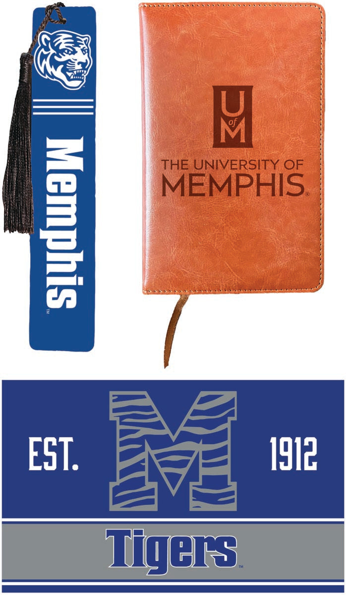 Memphis Tigers Officially Licensed Reader Pack - Wooden Bookmark, Engraved Leather Journal & 5x7 Wood Sign 