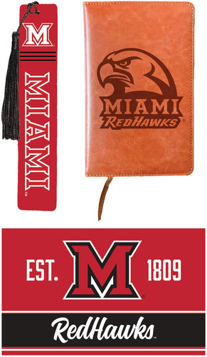 Miami University of Ohio Officially Licensed Reader Pack - Wooden Bookmark, Engraved Leather Journal & 5x7 Wood Sign 