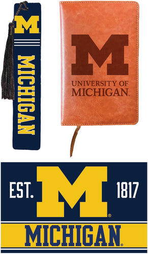 Michigan Wolverines Officially Licensed Reader Pack - Wooden Bookmark, Engraved Leather Journal & 5x7 Wood Sign 