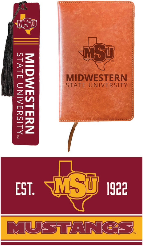 Midwestern State University Mustangs Officially Licensed Reader Pack - Wooden Bookmark, Engraved Leather Journal & 5x7 Wood Sign 