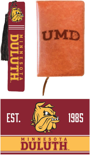 Minnesota Duluth Bulldogs Officially Licensed Reader Pack - Wooden Bookmark, Engraved Leather Journal & 5x7 Wood Sign 