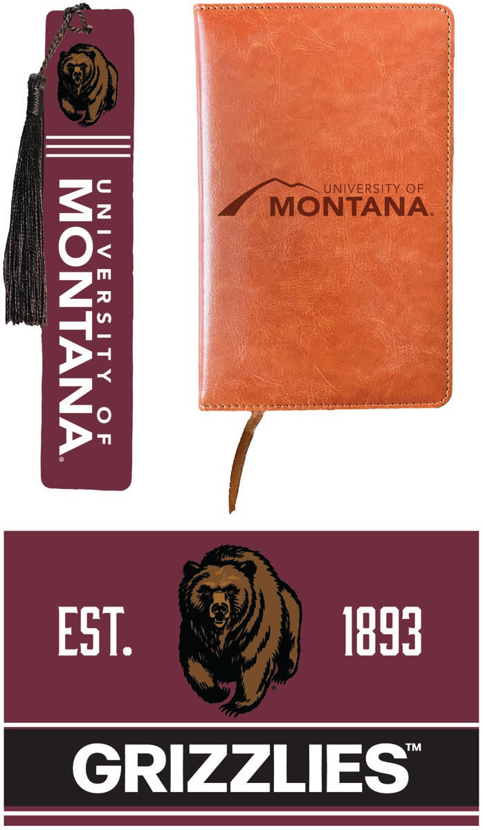 Montana University Officially Licensed Reader Pack - Wooden Bookmark, Engraved Leather Journal & 5x7 Wood Sign 