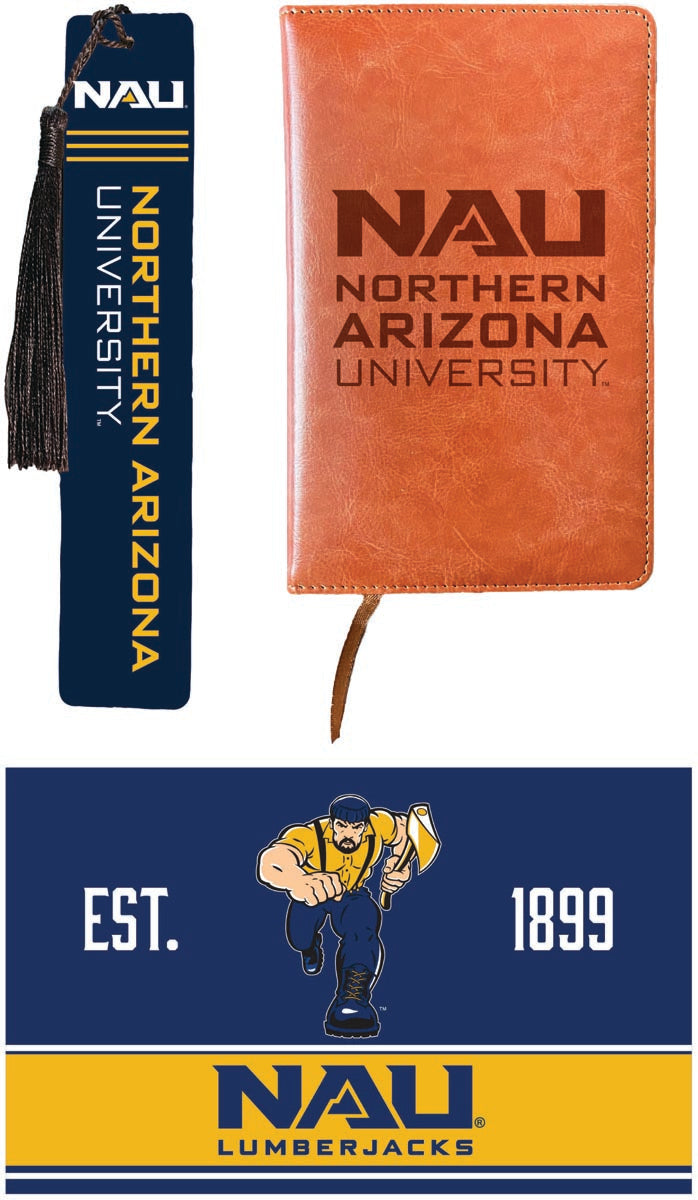 Northern Arizona University Officially Licensed Reader Pack - Wooden Bookmark, Engraved Leather Journal & 5x7 Wood Sign 