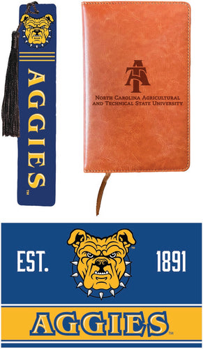 North Carolina A&T State Aggies Officially Licensed Reader Pack - Wooden Bookmark, Engraved Leather Journal & 5x7 Wood Sign 