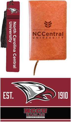 North Carolina Central Eagles Officially Licensed Reader Pack - Wooden Bookmark, Engraved Leather Journal & 5x7 Wood Sign 