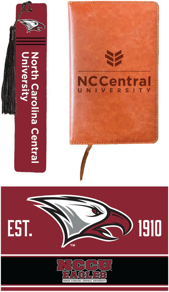 North Carolina Central Eagles Officially Licensed Reader Pack - Wooden Bookmark, Engraved Leather Journal & 5x7 Wood Sign 
