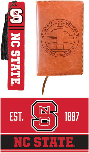 NC State Wolfpack Officially Licensed Reader Pack - Wooden Bookmark, Engraved Leather Journal & 5x7 Wood Sign 