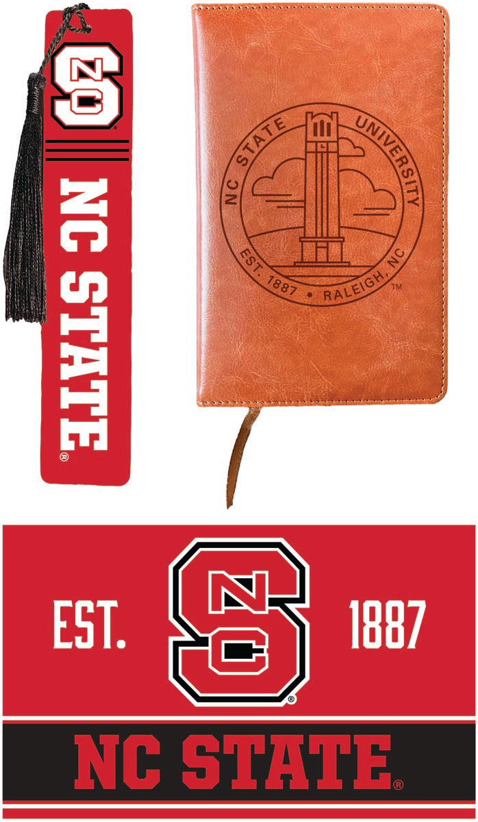 NC State Wolfpack Officially Licensed Reader Pack - Wooden Bookmark, Engraved Leather Journal & 5x7 Wood Sign 