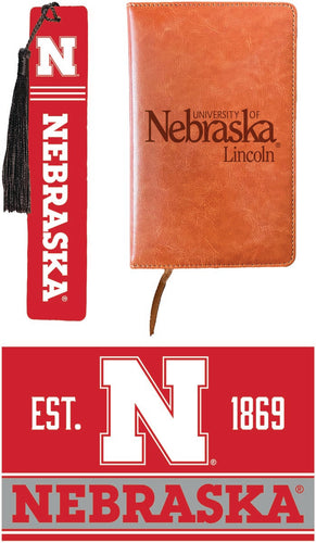 Nebraska Cornhuskers Officially Licensed Reader Pack - Wooden Bookmark, Engraved Leather Journal & 5x7 Wood Sign 