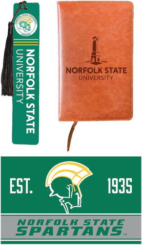 Norfolk State University Officially Licensed Reader Pack - Wooden Bookmark, Engraved Leather Journal & 5x7 Wood Sign 