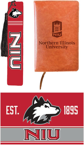 Northern Illinois Huskies Officially Licensed Reader Pack - Wooden Bookmark, Engraved Leather Journal & 5x7 Wood Sign 