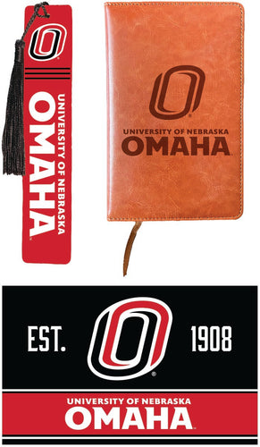 Nebraska at Omaha Officially Licensed Reader Pack - Wooden Bookmark, Engraved Leather Journal & 5x7 Wood Sign 