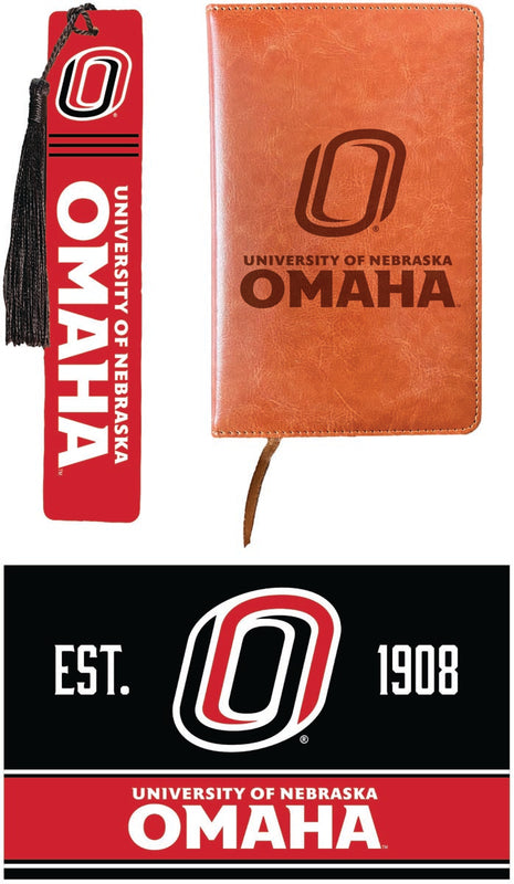 Nebraska at Omaha Officially Licensed Reader Pack - Wooden Bookmark, Engraved Leather Journal & 5x7 Wood Sign 