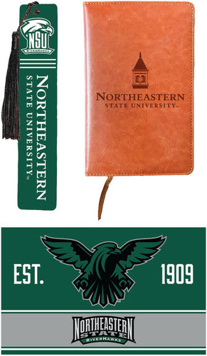 Northeastern State University Riverhawks Officially Licensed Reader Pack - Wooden Bookmark, Engraved Leather Journal & 5x7 Wood Sign 