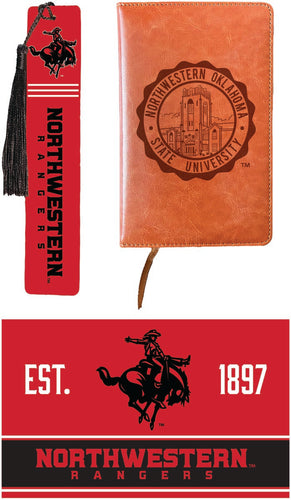 Northwestern Oklahoma State University Officially Licensed Reader Pack - Wooden Bookmark, Engraved Leather Journal & 5x7 Wood Sign 