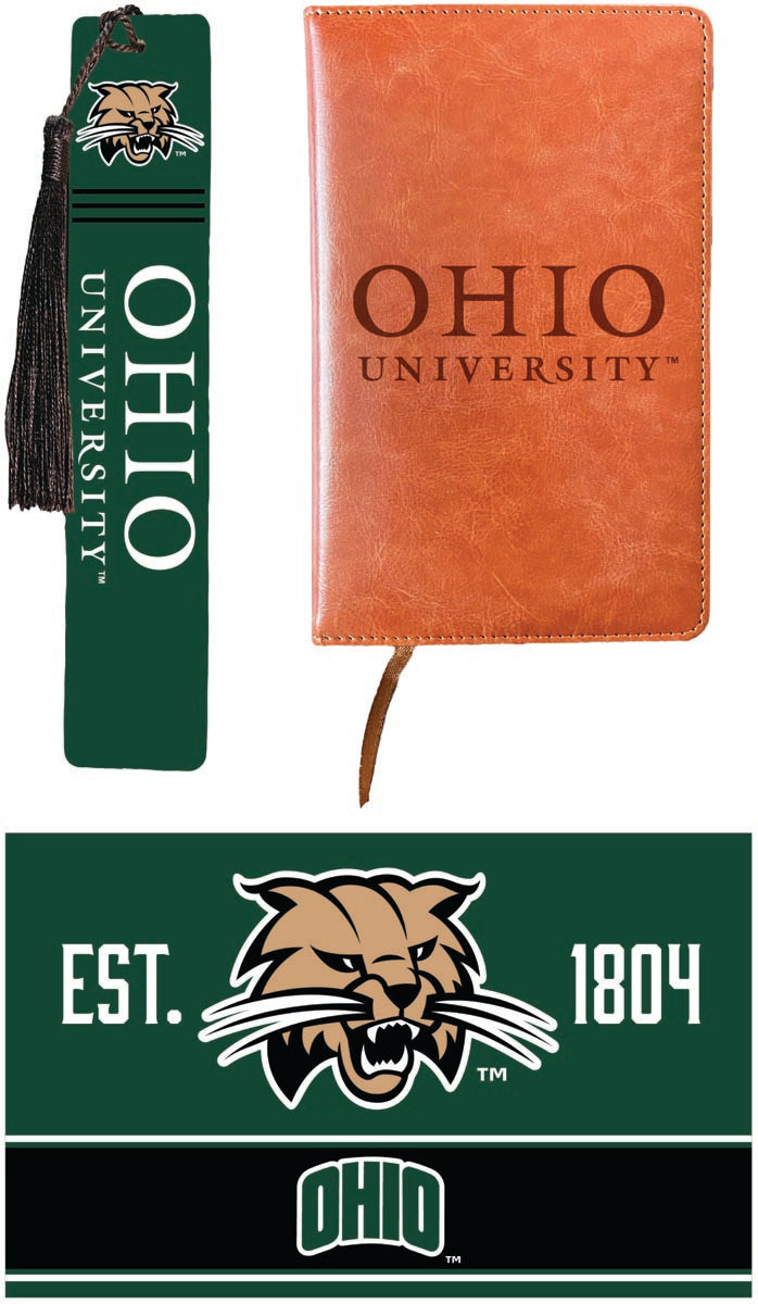 Ohio University Officially Licensed Reader Pack - Wooden Bookmark, Engraved Leather Journal & 5x7 Wood Sign 