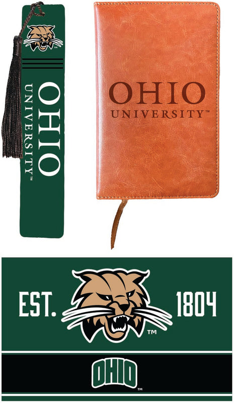 Ohio University Officially Licensed Reader Pack - Wooden Bookmark, Engraved Leather Journal & 5x7 Wood Sign 