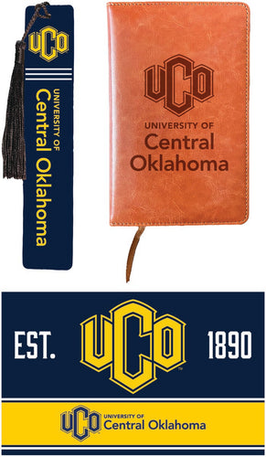 University of Central Oklahoma Bronchos Officially Licensed Reader Pack - Wooden Bookmark, Engraved Leather Journal & 5x7 Wood Sign 