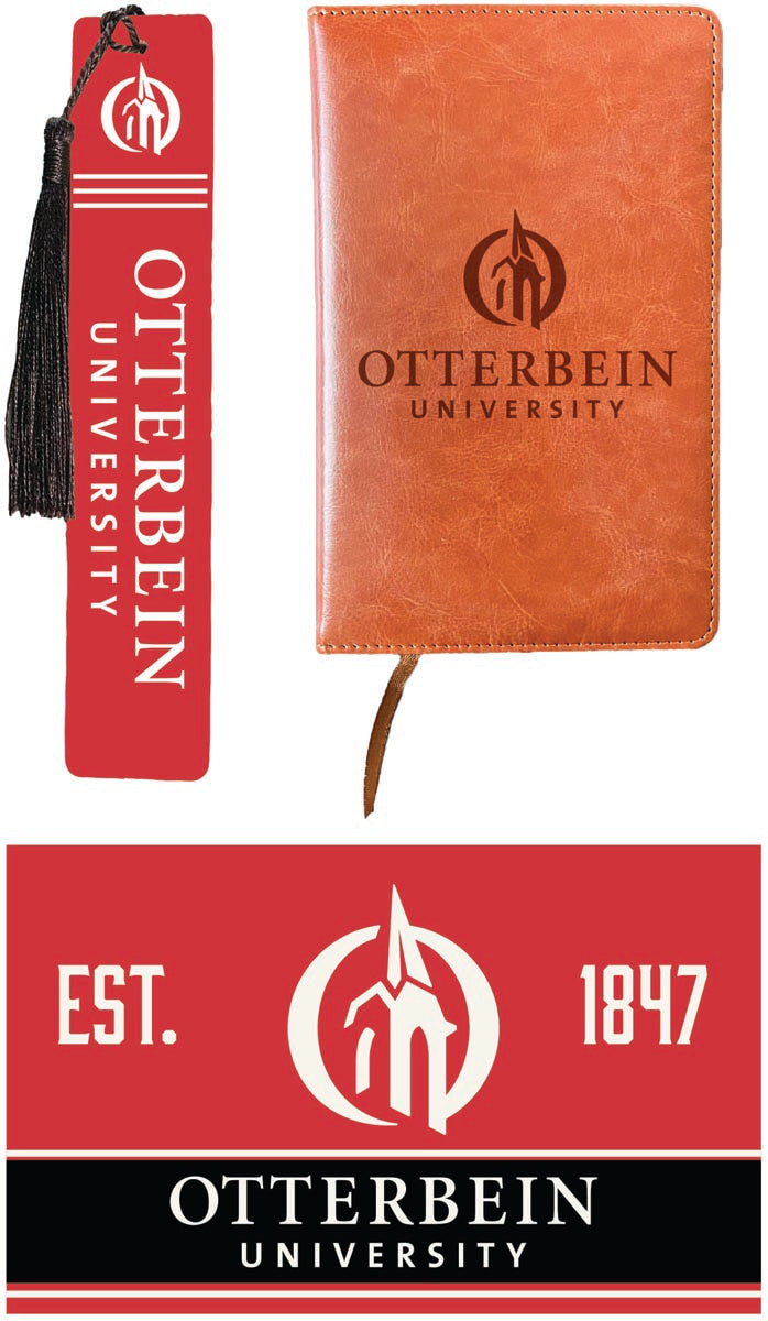 Otterbein University Officially Licensed Reader Pack - Wooden Bookmark, Engraved Leather Journal & 5x7 Wood Sign 