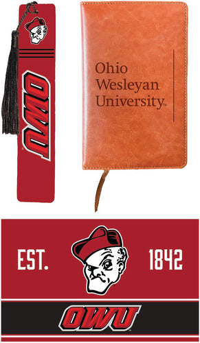 Ohio Wesleyan University Officially Licensed Reader Pack - Wooden Bookmark, Engraved Leather Journal & 5x7 Wood Sign 