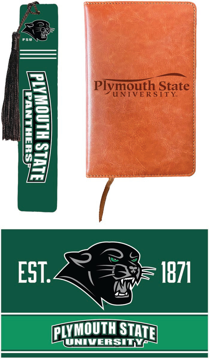 Plymouth State University Officially Licensed Reader Pack - Wooden Bookmark, Engraved Leather Journal & 5x7 Wood Sign 