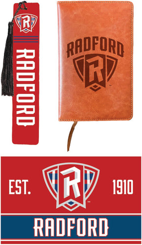 Radford University Highlanders Officially Licensed Reader Pack - Wooden Bookmark, Engraved Leather Journal & 5x7 Wood Sign 