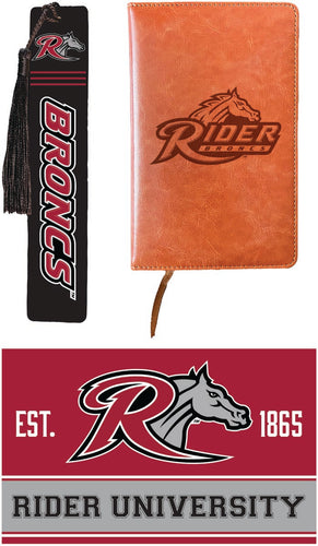 Rider University Broncs Officially Licensed Reader Pack - Wooden Bookmark, Engraved Leather Journal & 5x7 Wood Sign 