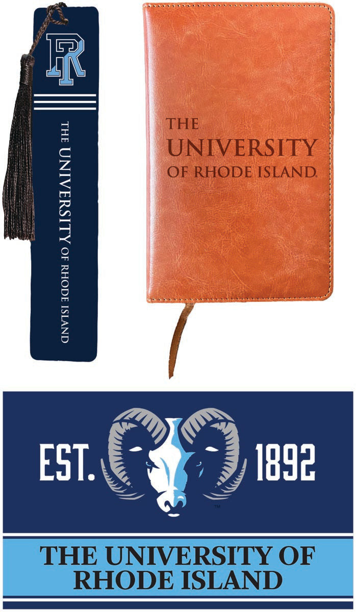 Rhode Island University Officially Licensed Reader Pack - Wooden Bookmark, Engraved Leather Journal & 5x7 Wood Sign 