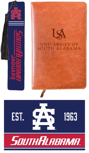 University of South Alabama Officially Licensed Reader Pack - Wooden Bookmark, Engraved Leather Journal & 5x7 Wood Sign 