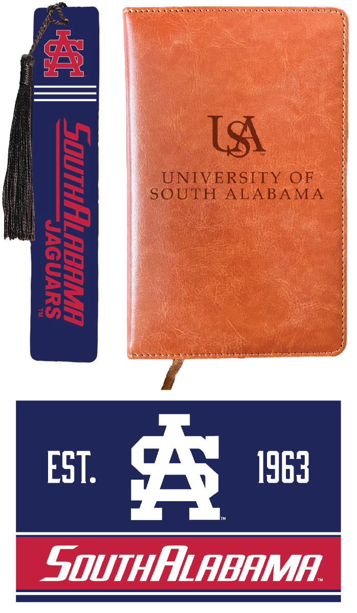 University of South Alabama Officially Licensed Reader Pack - Wooden Bookmark, Engraved Leather Journal & 5x7 Wood Sign 