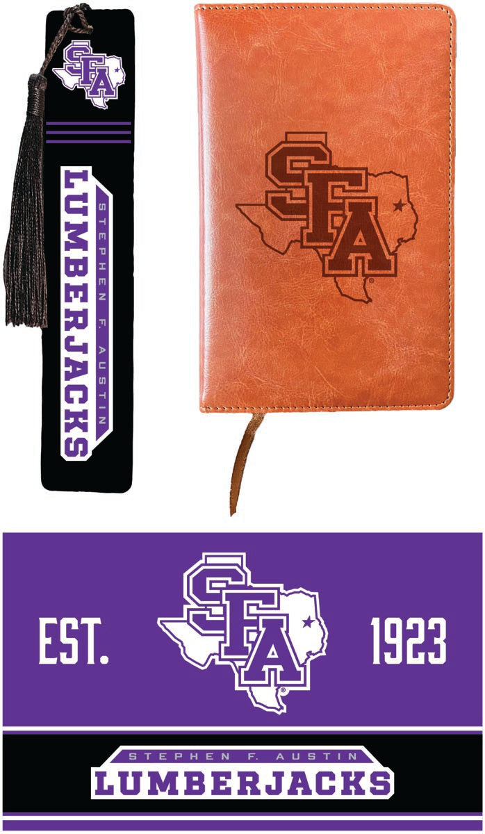Stephen F. Austin State University Officially Licensed Reader Pack - Wooden Bookmark, Engraved Leather Journal & 5x7 Wood Sign 