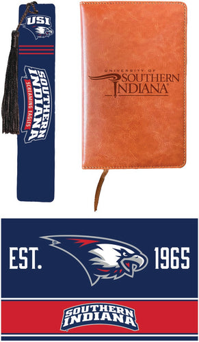 University of Southern Indiana Officially Licensed Reader Pack - Wooden Bookmark, Engraved Leather Journal & 5x7 Wood Sign 