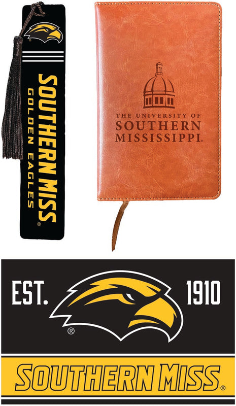 Southern Mississippi Golden Eagles Officially Licensed Reader Pack - Wooden Bookmark, Engraved Leather Journal & 5x7 Wood Sign 