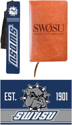 Southwestern Oklahoma State University Officially Licensed Reader Pack - Wooden Bookmark, Engraved Leather Journal & 5x7 Wood Sign 