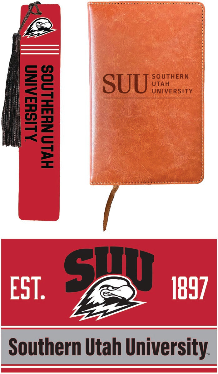 Southern Utah University Officially Licensed Reader Pack - Wooden Bookmark, Engraved Leather Journal & 5x7 Wood Sign 