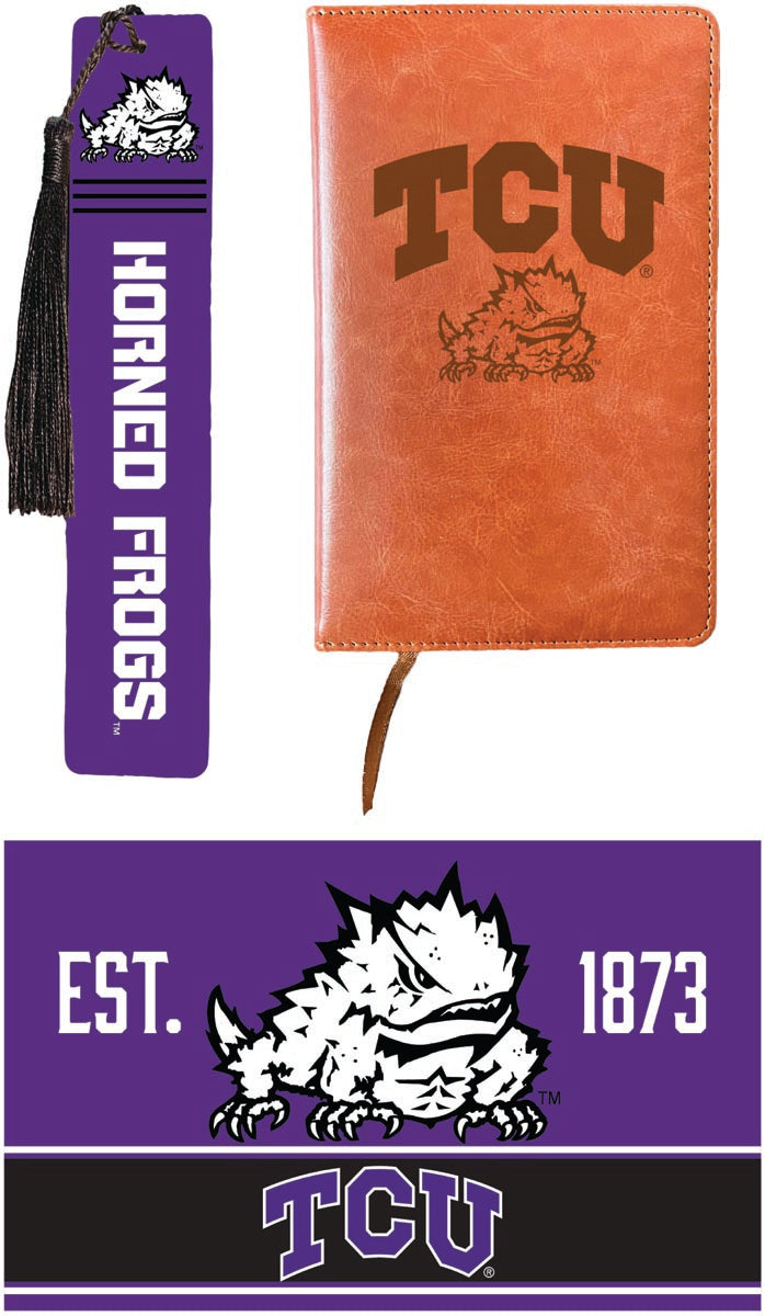 Texas Christian University Officially Licensed Reader Pack - Wooden Bookmark, Engraved Leather Journal & 5x7 Wood Sign 