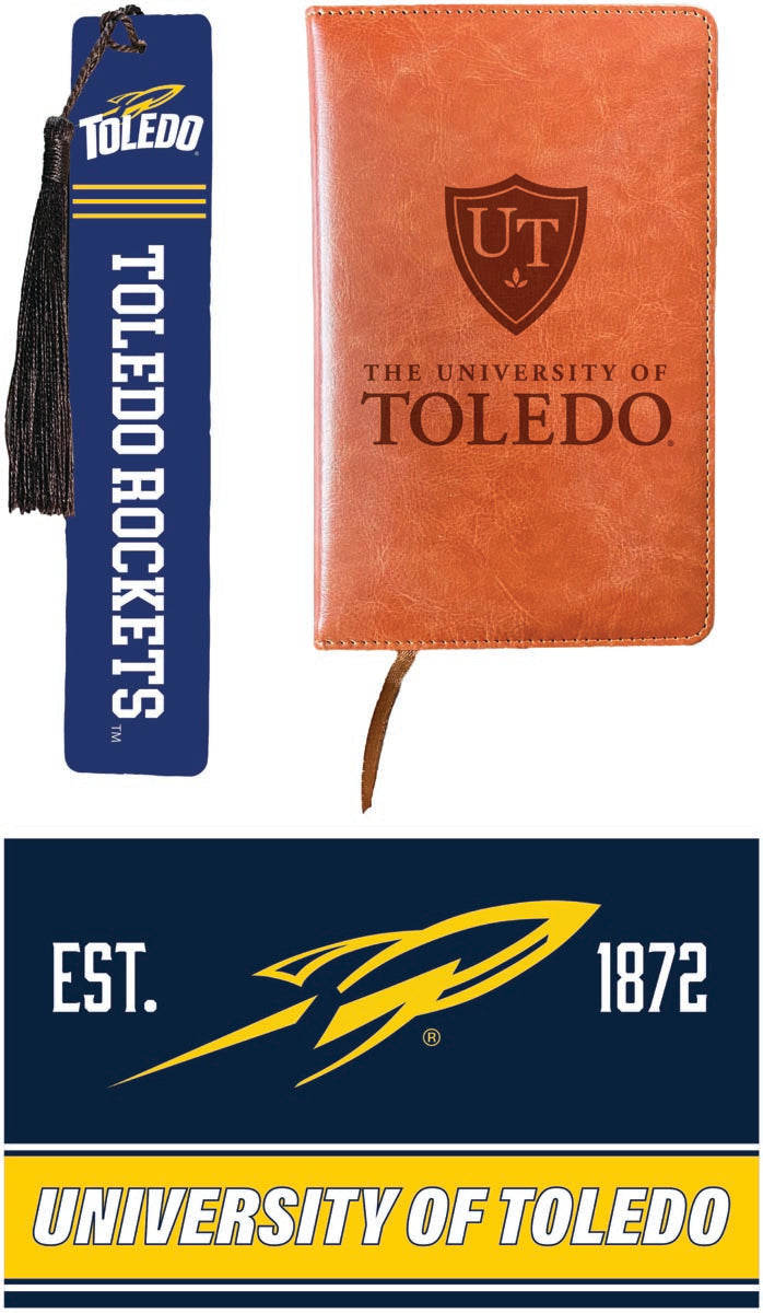 Toledo Rockets Officially Licensed Reader Pack - Wooden Bookmark, Engraved Leather Journal & 5x7 Wood Sign 