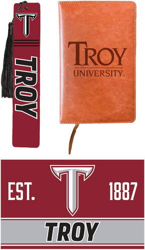 Troy University Officially Licensed Reader Pack - Wooden Bookmark, Engraved Leather Journal & 5x7 Wood Sign 