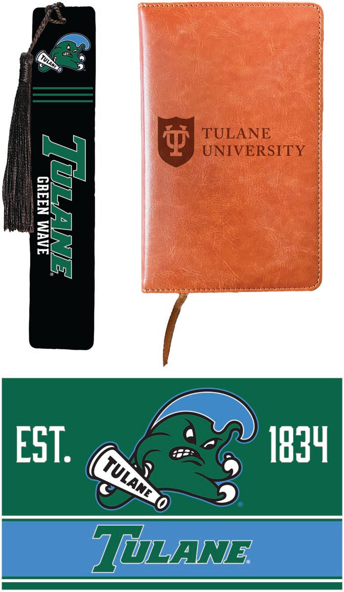Tulane University Green Wave Officially Licensed Reader Pack - Wooden Bookmark, Engraved Leather Journal & 5x7 Wood Sign 