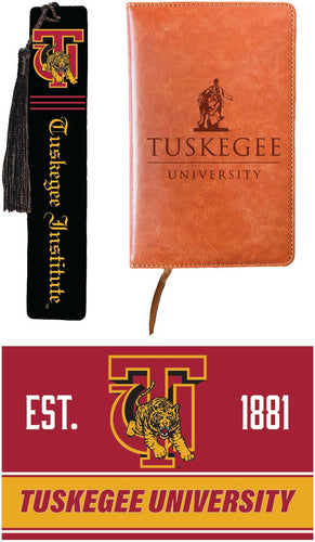 Tuskegee University Officially Licensed Reader Pack - Wooden Bookmark, Engraved Leather Journal & 5x7 Wood Sign 