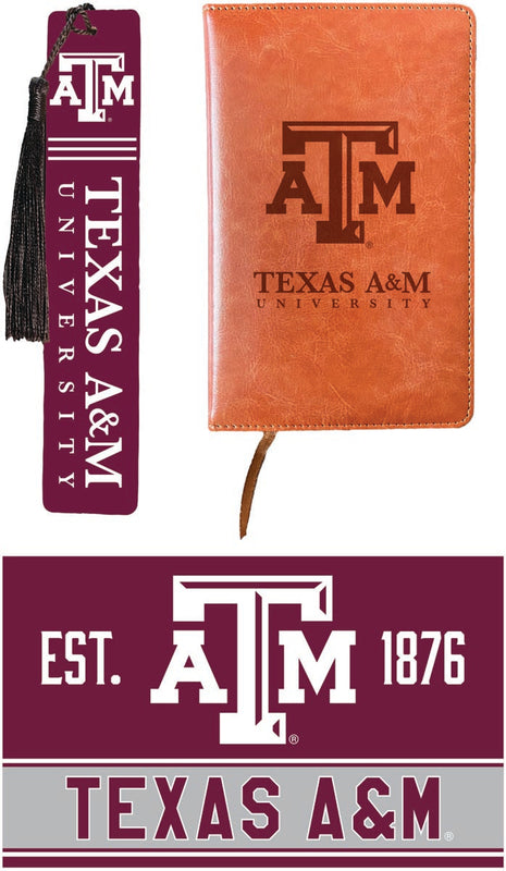 Texas A&M Aggies Officially Licensed Reader Pack - Wooden Bookmark, Engraved Leather Journal & 5x7 Wood Sign 