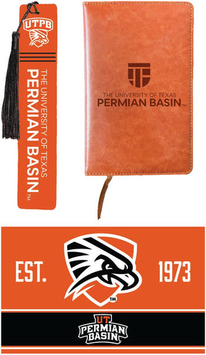 University of Texas of the Permian Basin Officially Licensed Reader Pack - Wooden Bookmark, Engraved Leather Journal & 5x7 Wood Sign 