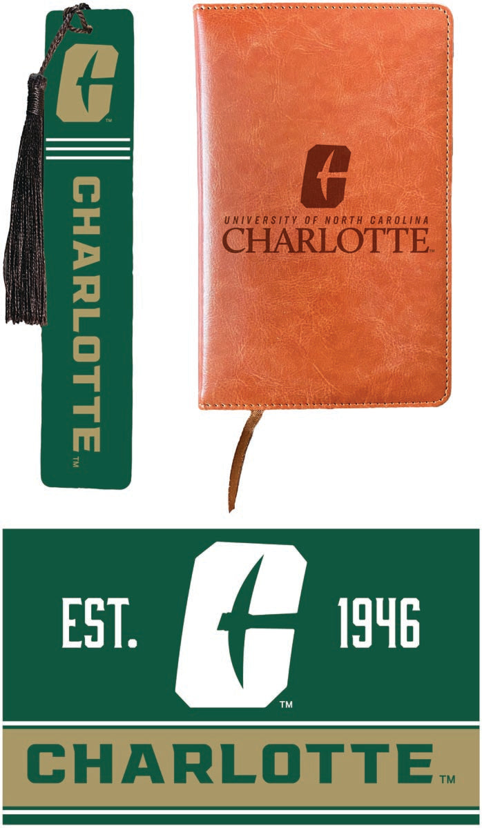 North Carolina Charlotte Forty-Niners Officially Licensed Reader Pack - Wooden Bookmark, Engraved Leather Journal & 5x7 Wood Sign 