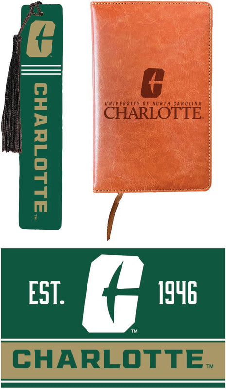 North Carolina Charlotte Forty-Niners Officially Licensed Reader Pack - Wooden Bookmark, Engraved Leather Journal & 5x7 Wood Sign 