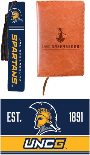 North Carolina Greensboro Spartans Officially Licensed Reader Pack - Wooden Bookmark, Engraved Leather Journal & 5x7 Wood Sign 