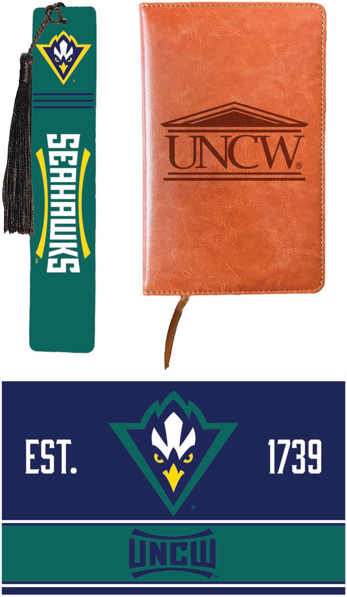 North Carolina Wilmington Seahawks Officially Licensed Reader Pack - Wooden Bookmark, Engraved Leather Journal & 5x7 Wood Sign 
