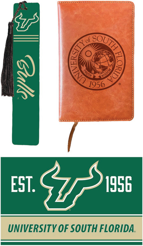 South Florida Bulls Officially Licensed Reader Pack - Wooden Bookmark, Engraved Leather Journal & 5x7 Wood Sign 