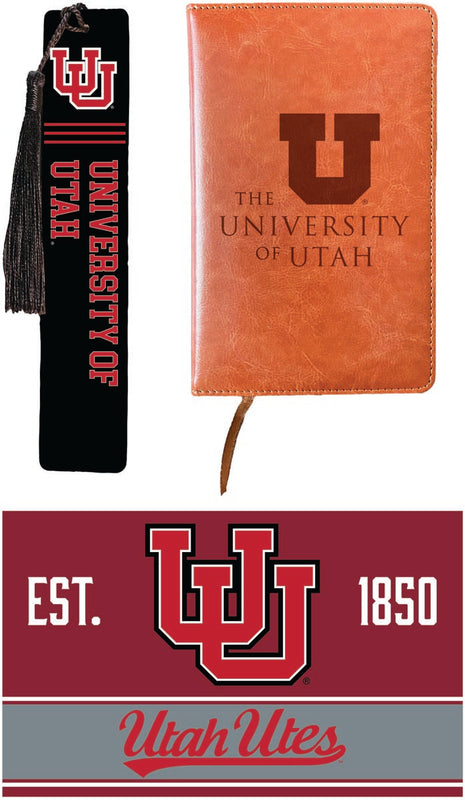Utah Utes Officially Licensed Reader Pack - Wooden Bookmark, Engraved Leather Journal & 5x7 Wood Sign 
